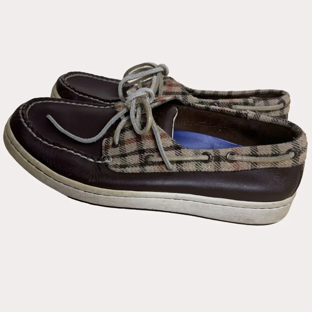 Sperry Top Sider Mens Loafers Boat Shoes Leather Plaid Brown 8 M